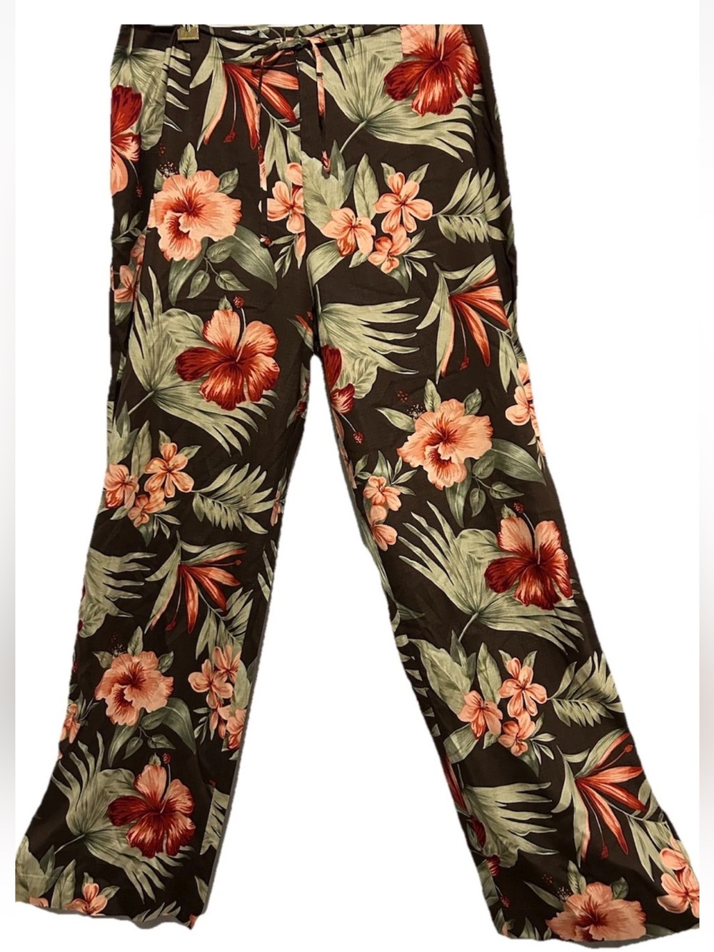 Tommy Bahama Pants 10 Brown Tropical Floral Silk Resort Beachy Coastal Vacation